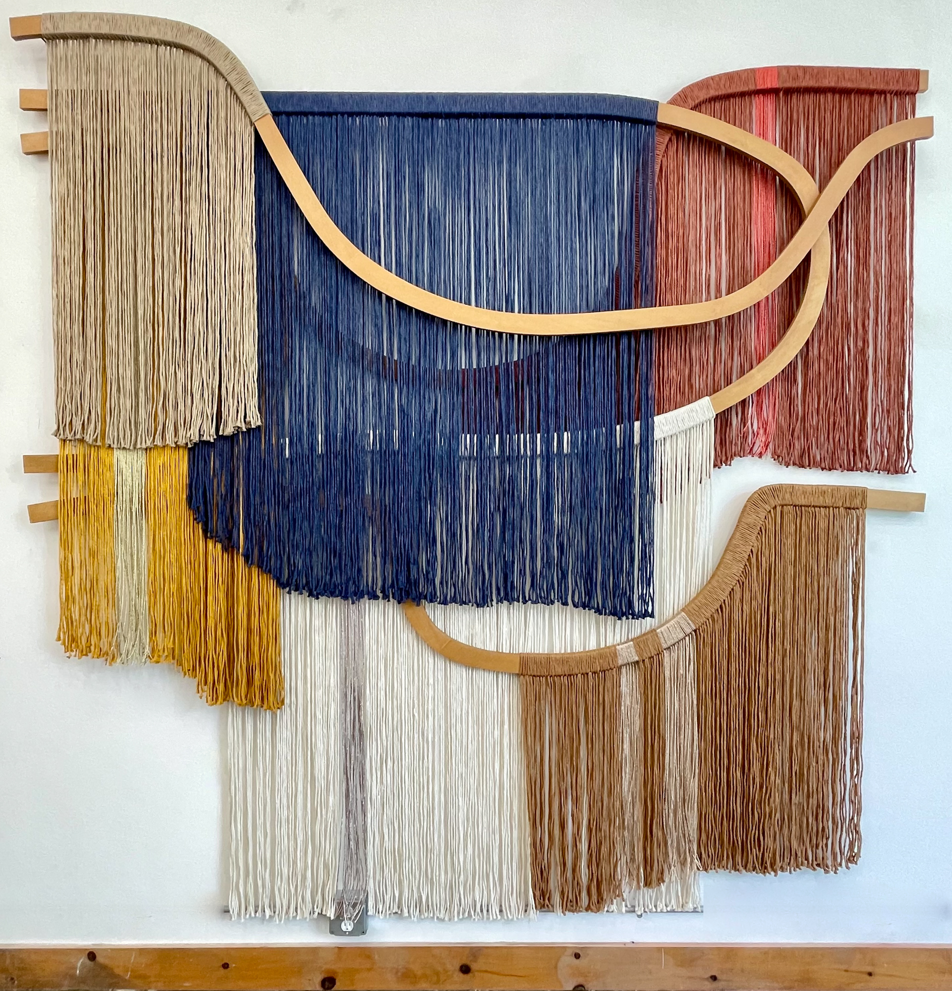 Emily Mann, Ink and Indigo, Custom Sculptural String Art Series 1, custom wall sculptures, plywood, cotton and metallic cording, mixed media, approximately 8’x8’ overall