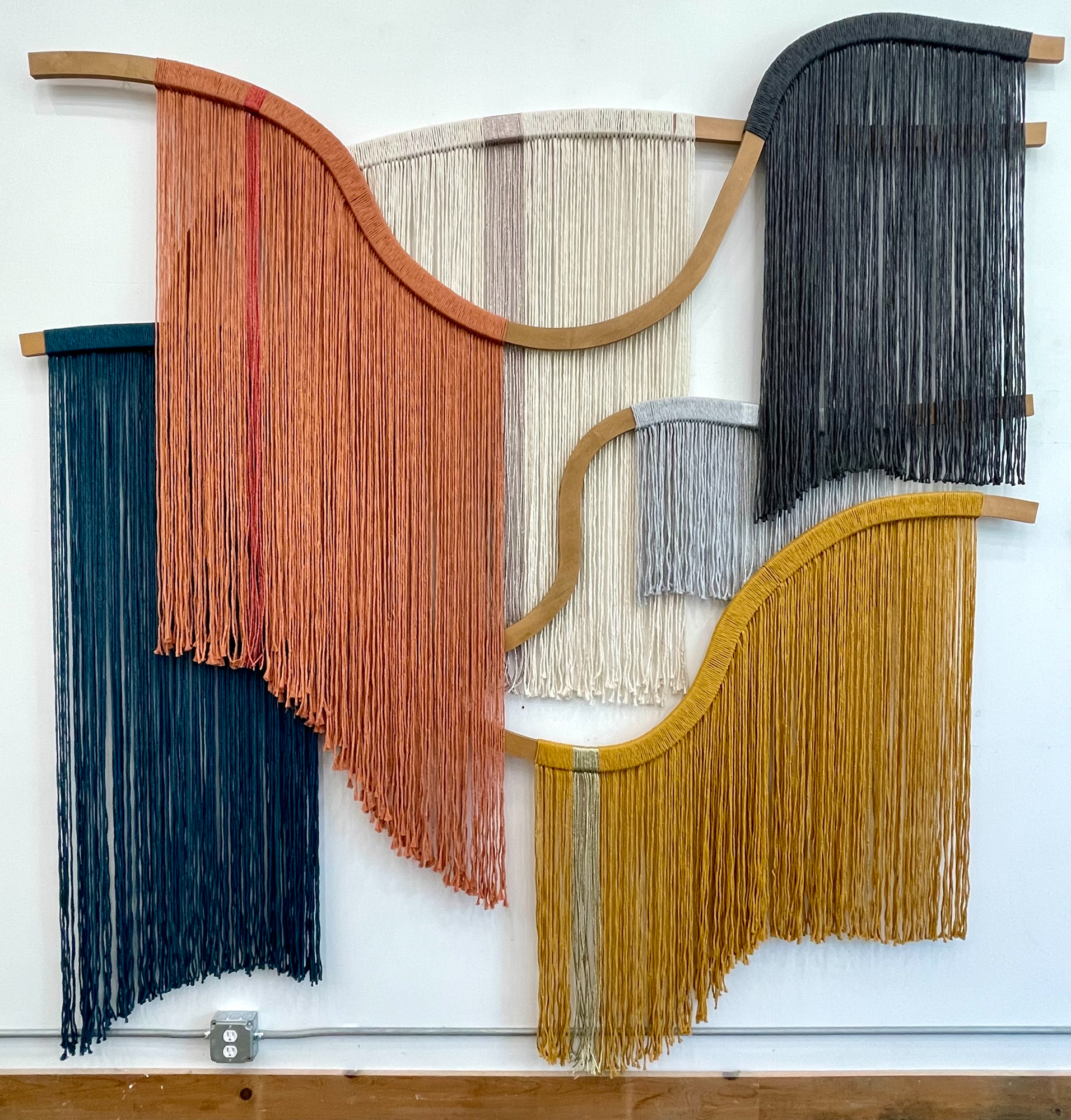 Emily Mann, Ink and Indigo, Custom Sculptural String Art Series 1, custom wall sculptures, plywood, cotton and metallic cording, mixed media, approximately 8’x8’ overall