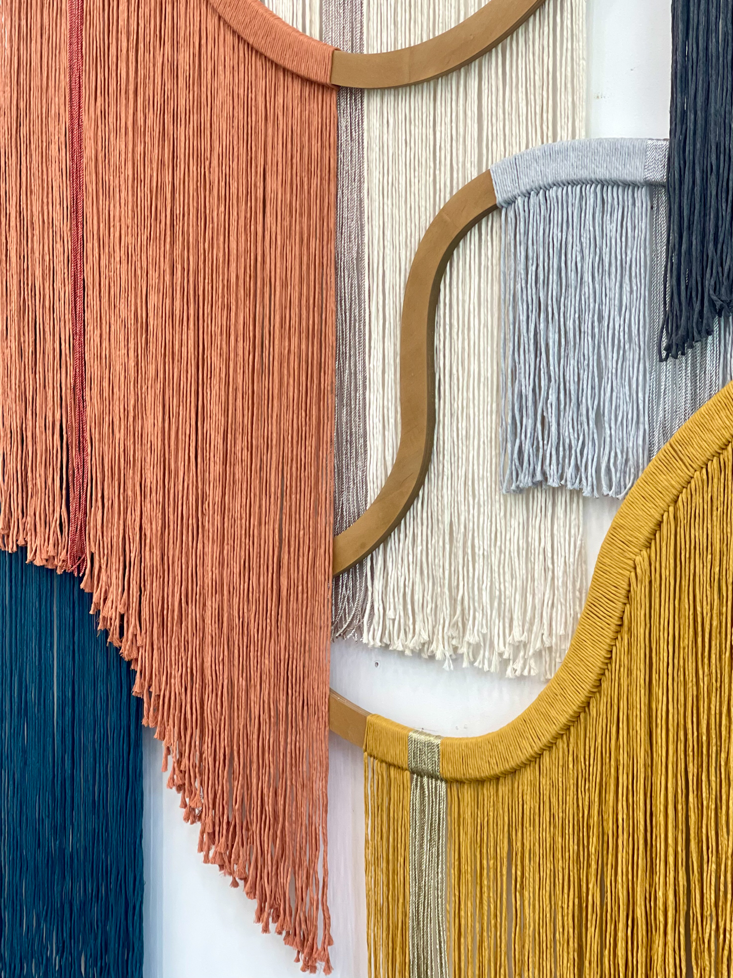 Emily Mann, Ink and Indigo, Custom Sculptural String Art Series 1, custom wall sculptures, plywood, cotton and metallic cording, mixed media, approximately 8’x8’ overall