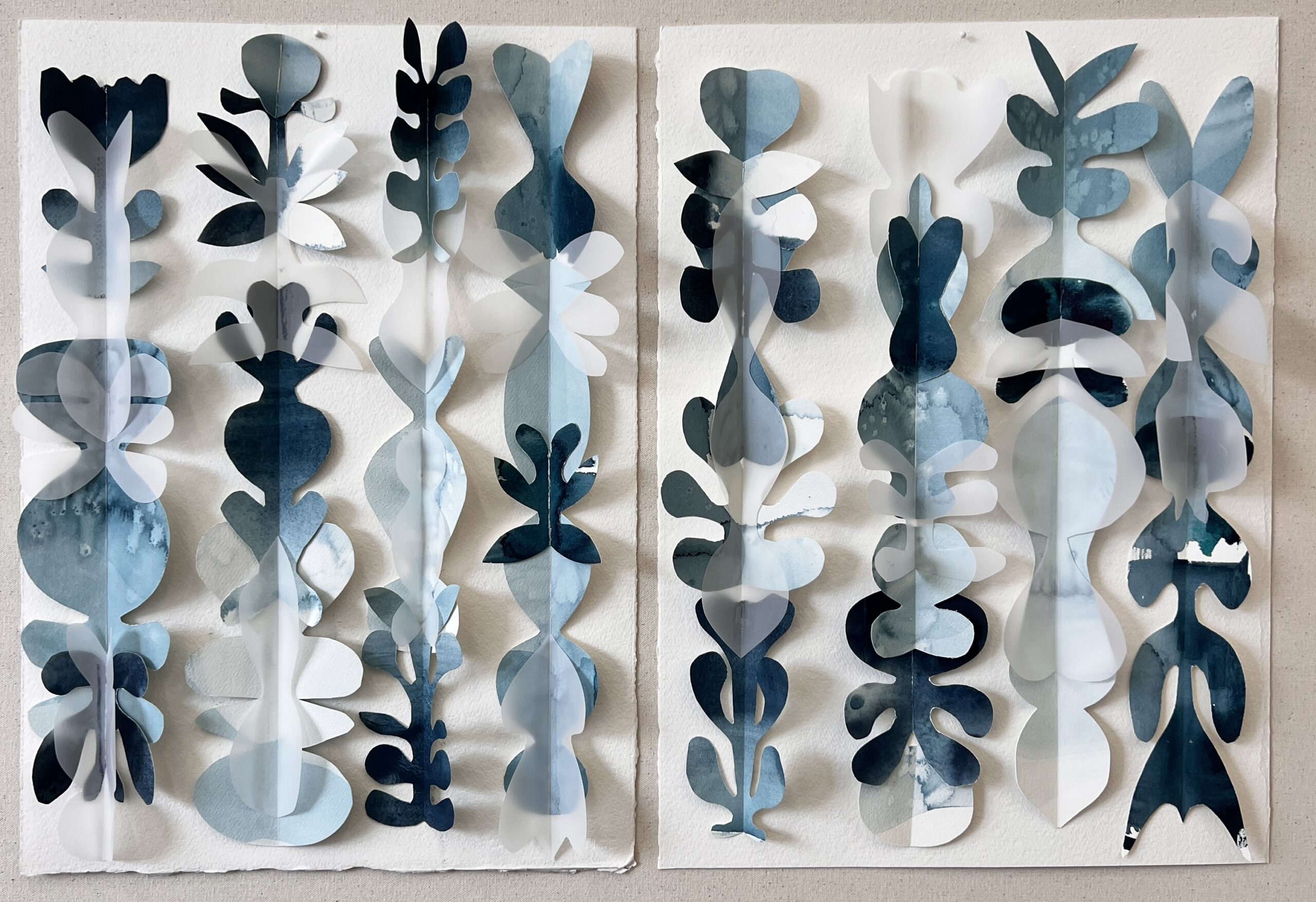 Dimensional Collage 1 | cut and collaged watercolor + vellum paper works | 20" x 14.5"