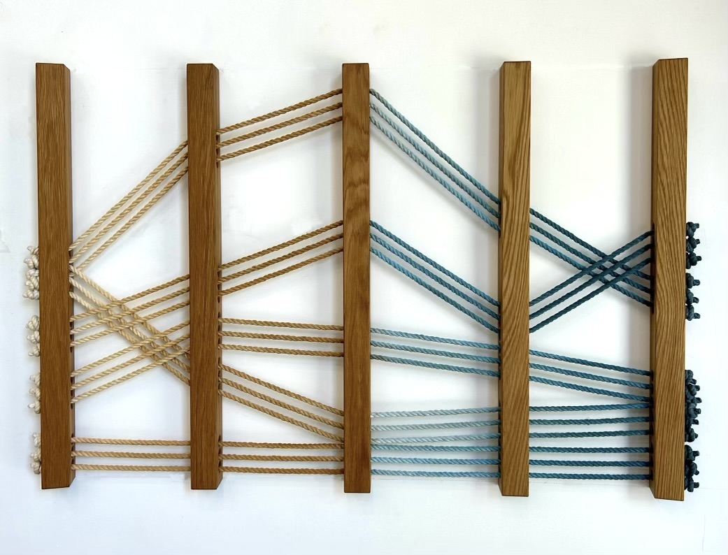 Wood + Woven Stringscape 1, White Oak Slats Woven through with custom dyed cotton rope, approximately 36"h x 60"w