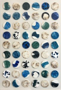 Custom Encaustic Coated Disks on Panel, Japanese Paperclay Disks with Impressions, Burnishing, and Encaustic, set of 3, 47.5 x 69.5 each, custom dimensional artwork for hospitality, corporate, and interiors projects