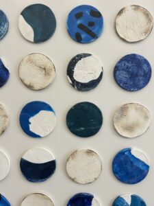 Custom Encaustic Coated Disks on Panel, Japanese Paperclay Disks with Impressions, Burnishing, and Encaustic, set of 3, 47.5 x 69.5 each, custom dimensional artwork for hospitality, corporate, and interiors projects