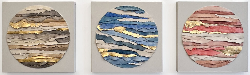 Custom Trio of Inset Circular Strata, paperclay, watercolor, metal leaf on 24x24 in cradled panel, dimensional custom artwork for hotels, and interiors by Ink + Indigo