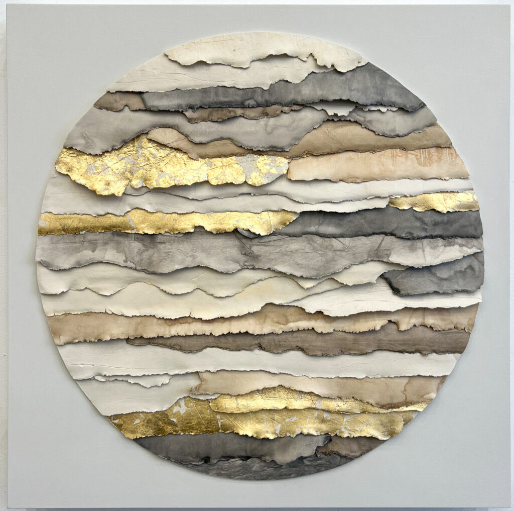 Custom Inset Circular Strata in neutral tans, soft charcoal, and light brown tones, paperclay, watercolor, metal leaf on 24x24 in cradled panel, dimensional custom artwork for hotels, and interiors by Ink + Indigo