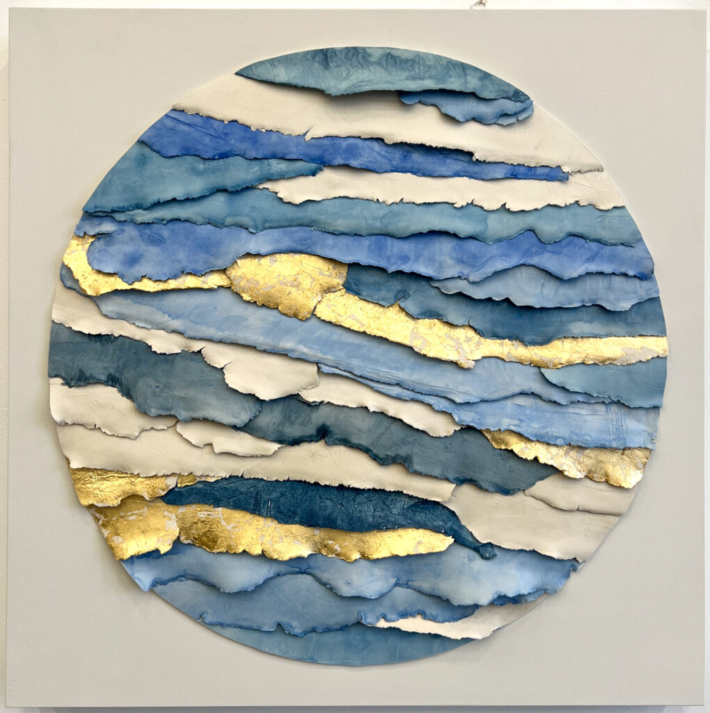 Custom Inset Circular Strata in a mix of blues, natural, and metallic tones, paperclay, watercolor, metal leaf on 24x24 in cradled panel, dimensional custom artwork for hotels, and interiors by Ink + Indigo