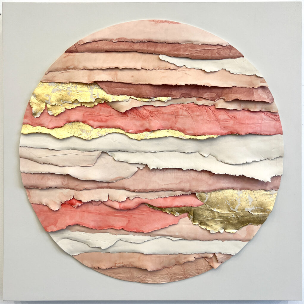 Custom Inset Circular Strata in peach, pinks, natural clay, and metallic gold tones, paperclay, watercolor, metal leaf on 24x24 in cradled panel, dimensional custom artwork for hotels, and interiors by Ink + Indigo