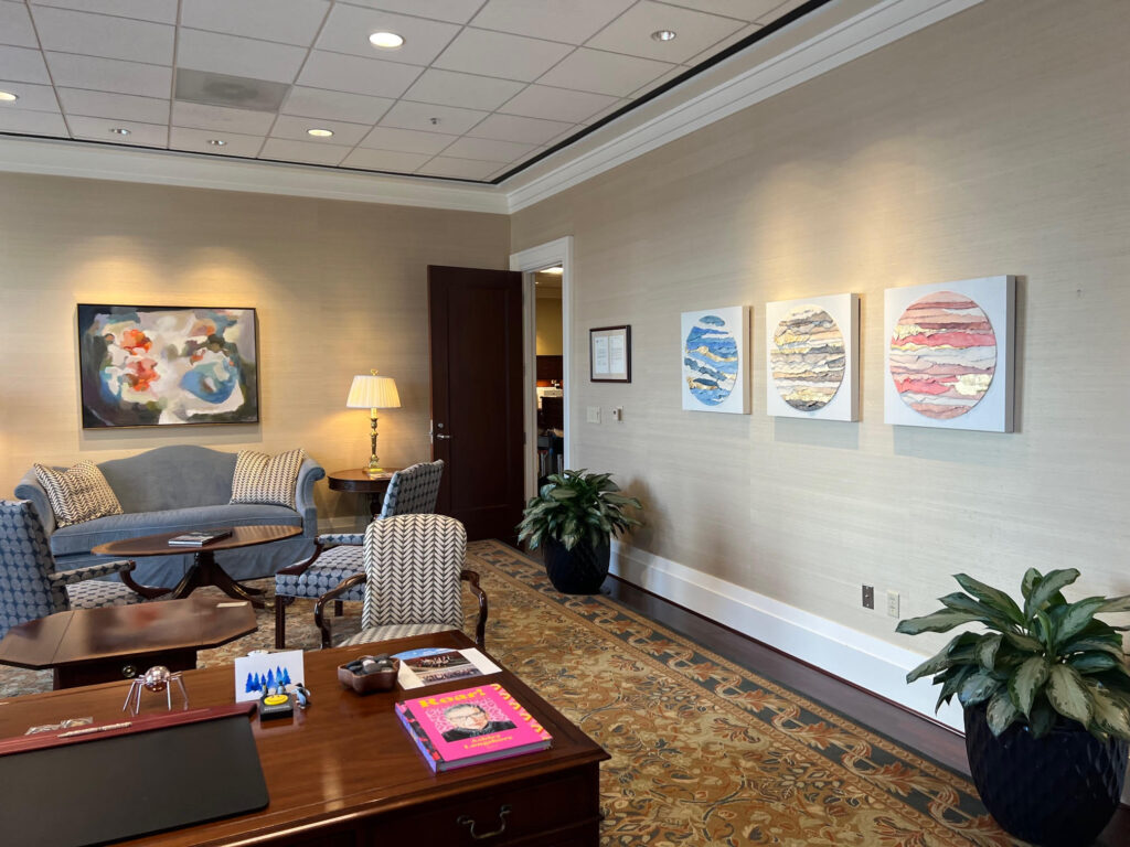 Installation view in a private office of Custom Inset Circular Strata, paperclay, watercolor, metal leaf on 24x24 in cradled panel, dimensional custom artwork for hotels, and interiors by Ink + Indigo