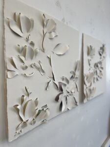 Emily Mann, Ink and Indigo, Custom Dimensional Cut Paper Magnolias over Watercolor painting backer, 24x24 in each -8