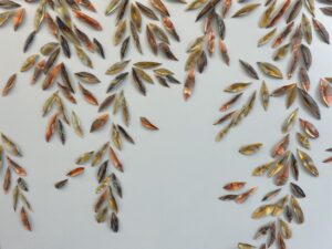 Emily Mann, Ink and Indigo, Custom Metal Leaves Dimensional Wall Art, flame embellished brass, copper, and stainless steel mesh leaves on custom painted backer, 40hx74w -4