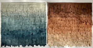 Emily Mann, Ink and Indigo, Custom Dimensional Fringe Textile Wall Art, hand-painted and cut layered duck canvas, 4 panels at 27.75” each