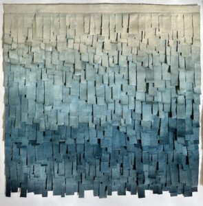 Emily Mann, Ink and Indigo, Custom Dimensional Fringe Textile Wall Art, hand-painted and cut layered duck canvas, 4 panels at 27.75” each