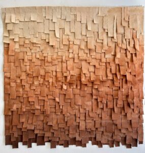 Emily Mann, Ink and Indigo, Custom Dimensional Fringe Textile Wall Art, hand-painted and cut layered duck canvas, 4 panels at 27.75” each