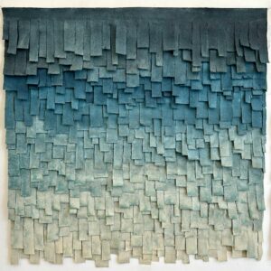 Emily Mann, Ink and Indigo, Custom Dimensional Fringe Textile Wall Art, hand-painted and cut layered duck canvas, 4 panels at 27.75” each