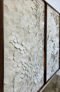 Emily-Mann,-Ink-and-Indigo,-Custom-Dimensional-Wall-Art,-Petals,-Japanese-paperclay-in-custom-walnut-frame,-set-of-two,-79in-x-44in-each-1