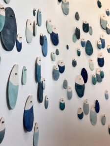 Emily Mann, Ink and Indigo, Custom Droplets Installation at Evermore Orlando, more than 100 paperclay droplets in mixed blues -5