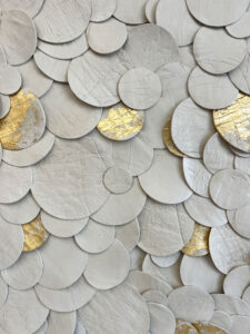 Ink and Indigo, Custom Petals Style Dimensional Wall Art, paperclay and metallic gold leaf on cradled panel, 32H x 54W