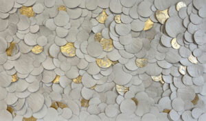 Ink and Indigo, Custom Petals Style Dimensional Wall Art, paperclay and metallic gold leaf on cradled panel, 32H x 54W