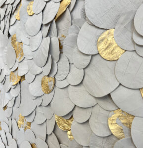 Ink and Indigo, Custom Petals Style Dimensional Wall Art, paperclay and metallic gold leaf on cradled panel, 32H x 54W