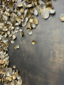 Ink and Indigo, Custom Dimensional Wall Art, Cups, Japanese Paperclay with Metallic Finish and Gold Leaf on Metallic Faux Finished Cradled Panel, 80x66in-9