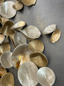 Ink and Indigo, Custom Dimensional Wall Art, Cups, Japanese Paperclay with Metallic Finish and Gold Leaf on Metallic Faux Finished Cradled Panel, 80x66in-9