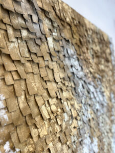 Ink and Indigo, Custom Fringe Style Textile Commission, hand cut, assembled, painted, and leafed canvas with metallic leaf, 116H x 96.75W on 2 interlocking backers