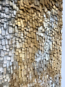 Ink and Indigo, Custom Fringe Style Textile Commission, hand cut, assembled, painted, and leafed canvas with metallic leaf, 116H x 96.75W on 2 interlocking backers