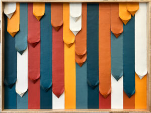 Ink and Indigo, Custom Ribbons Commissioned Pair, plastered and painted canvas in custom maple frame, 36x48in each, 2