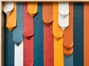 Ink and Indigo, Custom Ribbons Commissioned Pair, plastered and painted canvas in custom maple frame, 36x48in each, 2