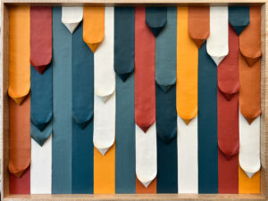 Ink and Indigo, Custom Ribbons Commissioned Pair, plastered and painted canvas in custom maple frame, 36x48in each, 2