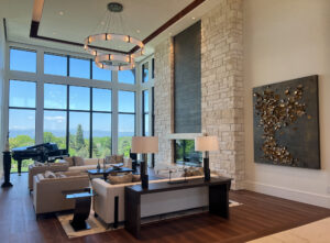 Ink and Indigo, Custom Cups on Panel for Residential Client, Japanese Paperclay with Metallic Finish and Gold Leaf on Metallic Faux Finished Cradled Panel, 80x66in, Interior Design by KTI