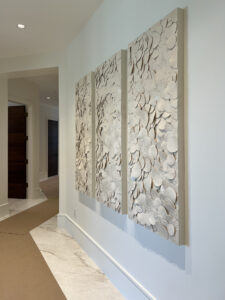 Ink and Indigo, Custom Dimensional Wall Art for Residential Client, Petals, Japanese Paperclay on Cradled Panels, set of 3, 60x24in each, Interior Design by KTI