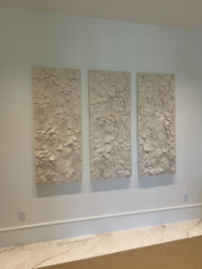 Ink and Indigo, Custom Dimensional Wall Art for Residential Client, Petals, Japanese Paperclay on Cradled Panels, set of 3, 60x24in each, Interior Design by KTI