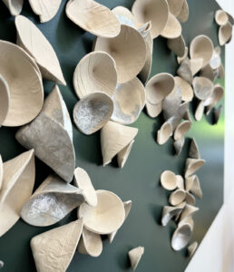 Cups Series 12 | natural and silver leafed Japanese paperclay cups on painted panel | 28" H x 72" W each | detail