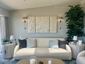 Ink and Indigo, Japanese Paperclay Petals triptych on cradled artist panels, overall scale 42h x 72w