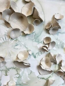 Emily Mann, Ink and Indigo, Frilled Cups 1, custom dimensional wall art, Japanese-paperclay cups on original watercolor painting in custom oak frame, 30x30 in