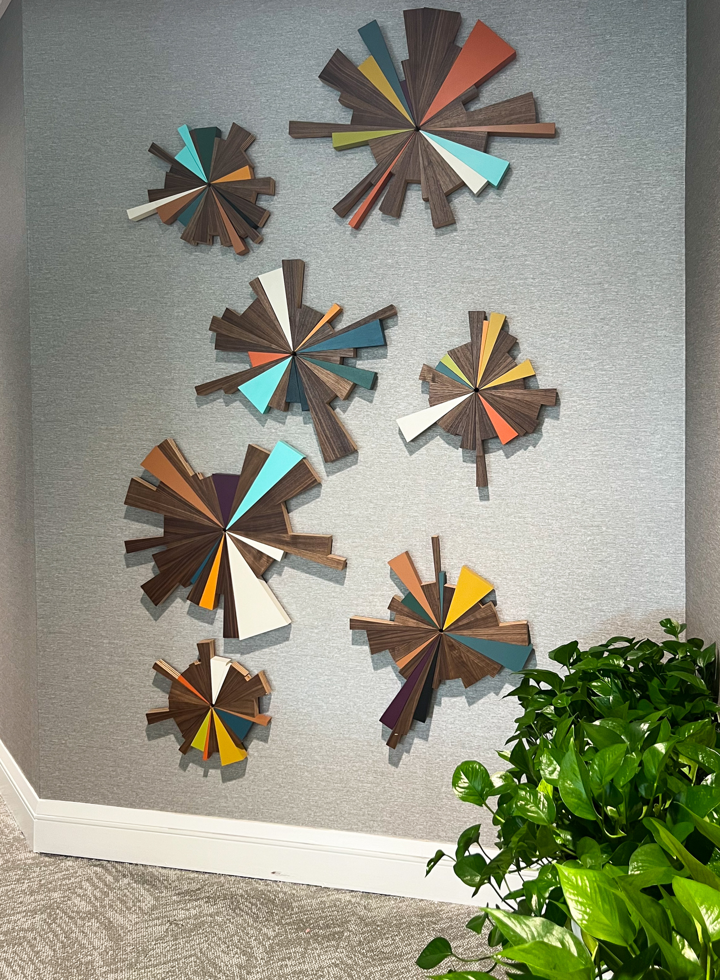 Ink and Indigo, Custom Nexus Forms |walnut wood dimensional wall art installation | dimensions vary, 7 elements for approx 10' x 6' ft area