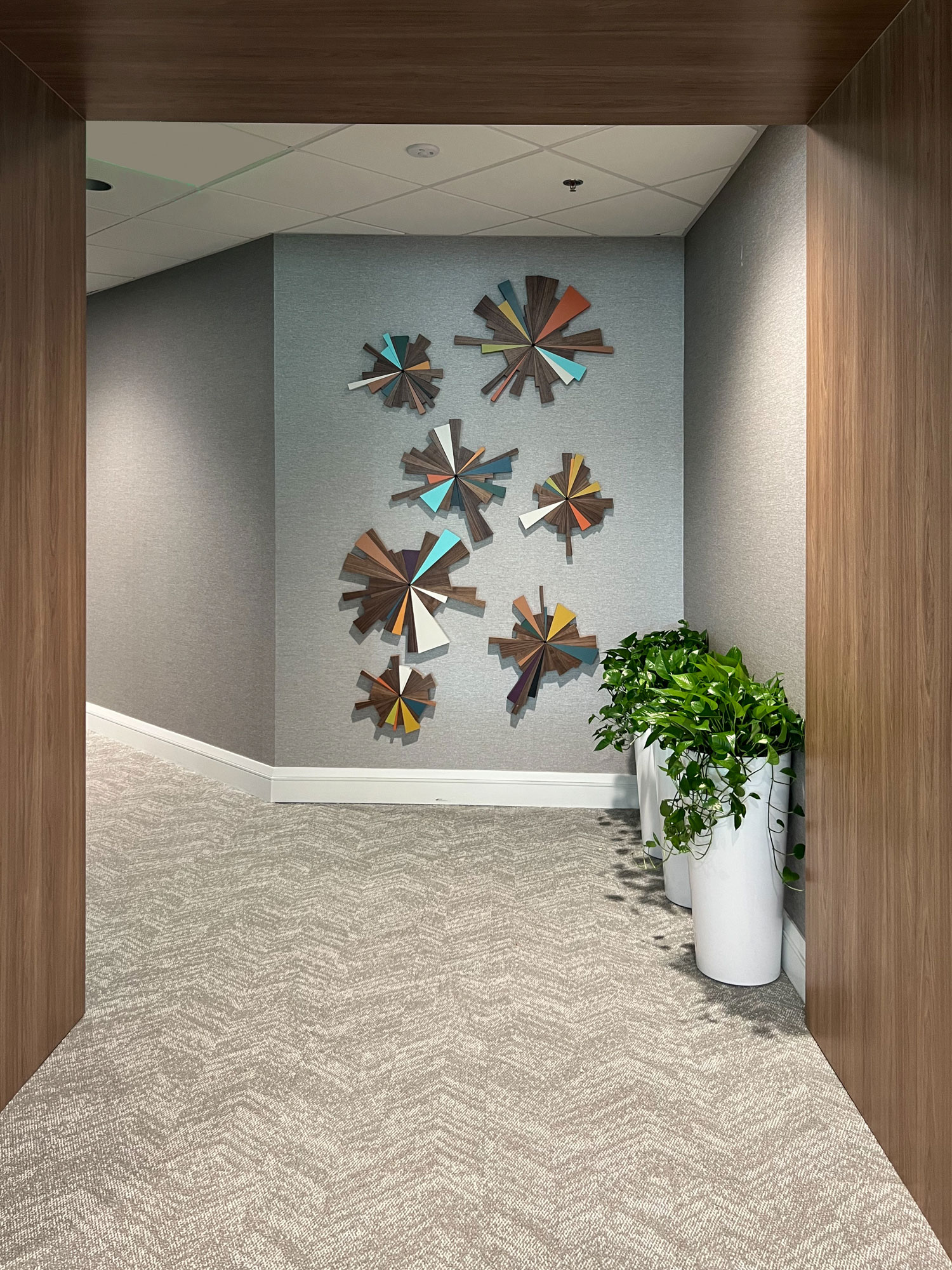 Ink and Indigo, Custom Nexus Forms |walnut wood dimensional wall art installation | dimensions vary, 7 elements for approx 10' x 6' ft area