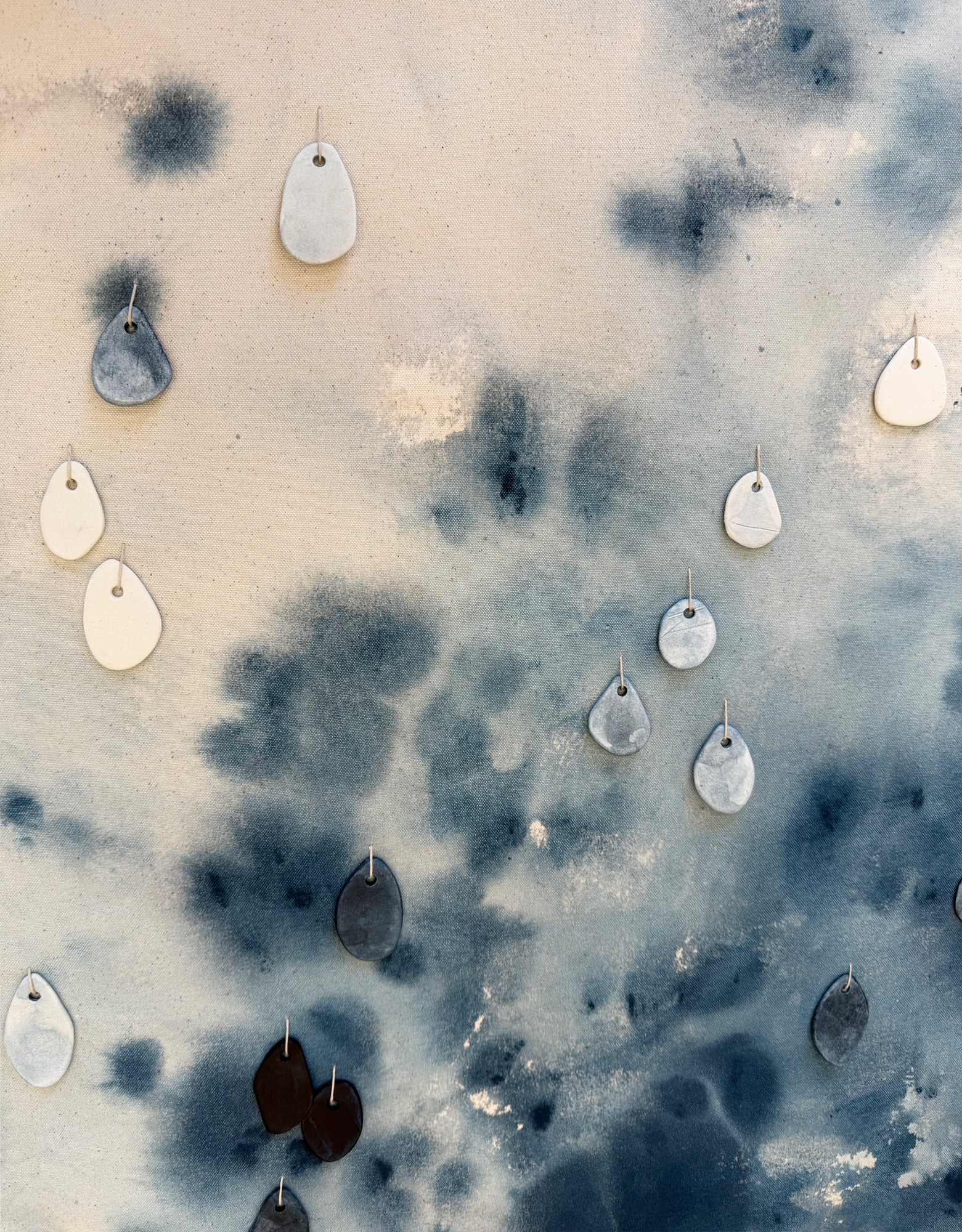 Ink and Indigo, Embellished Canvas in Indigo, painted canvas with stitched paperclay elements, 34x49, custom textile art for hospitality and interior design projects