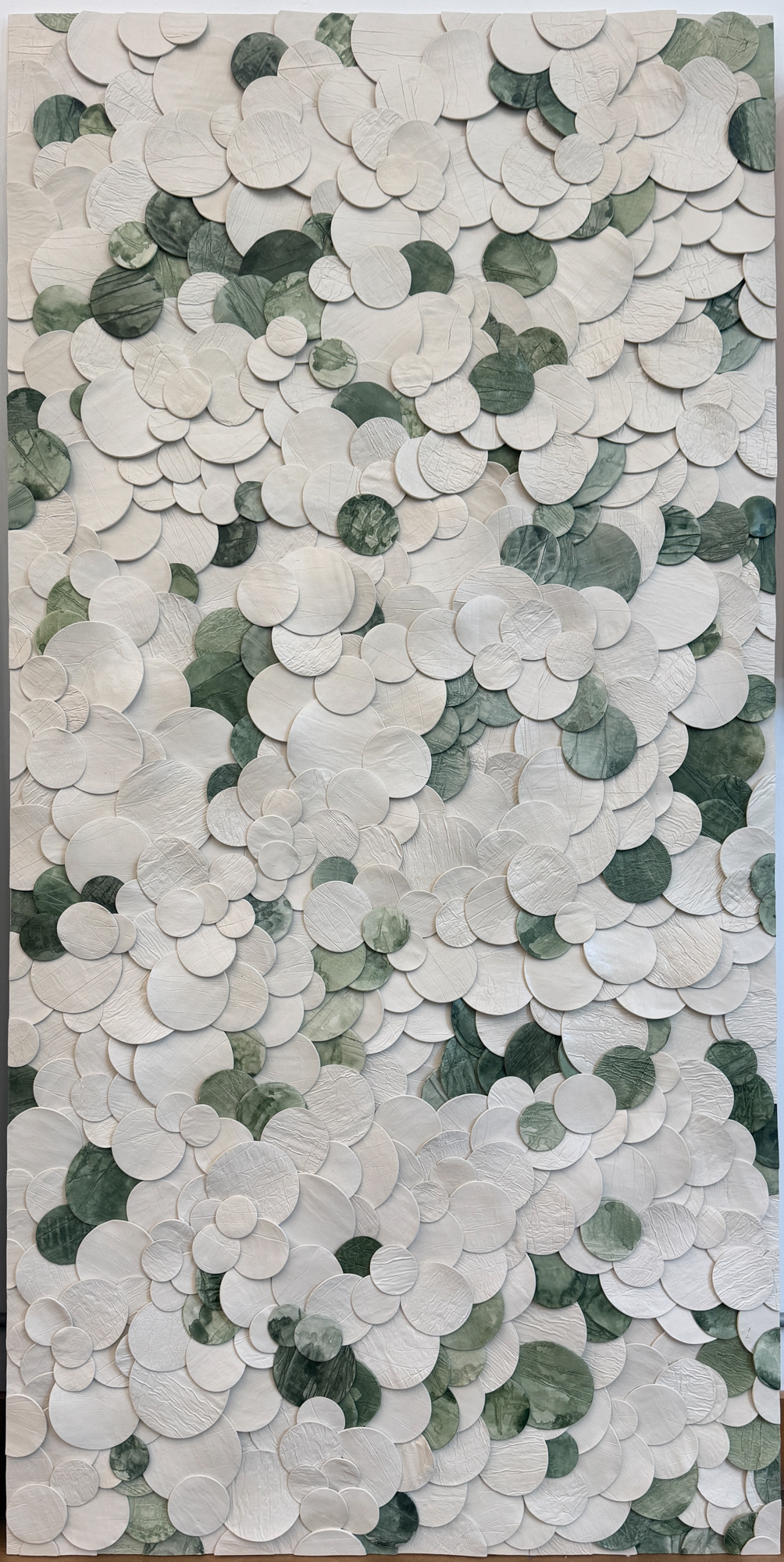 Emily Mann, Ink and Indigo, Custom Petals Style Japanese Paperclay Assemblage, 72H x 36W each, paperclay with watercolor accents, series of 3